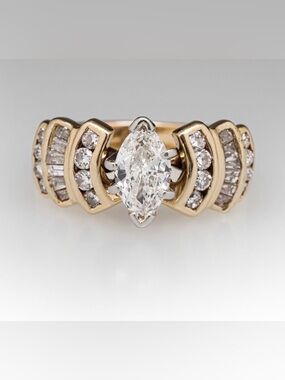 Marquise Diamond Gold Ring with Pavé Accents